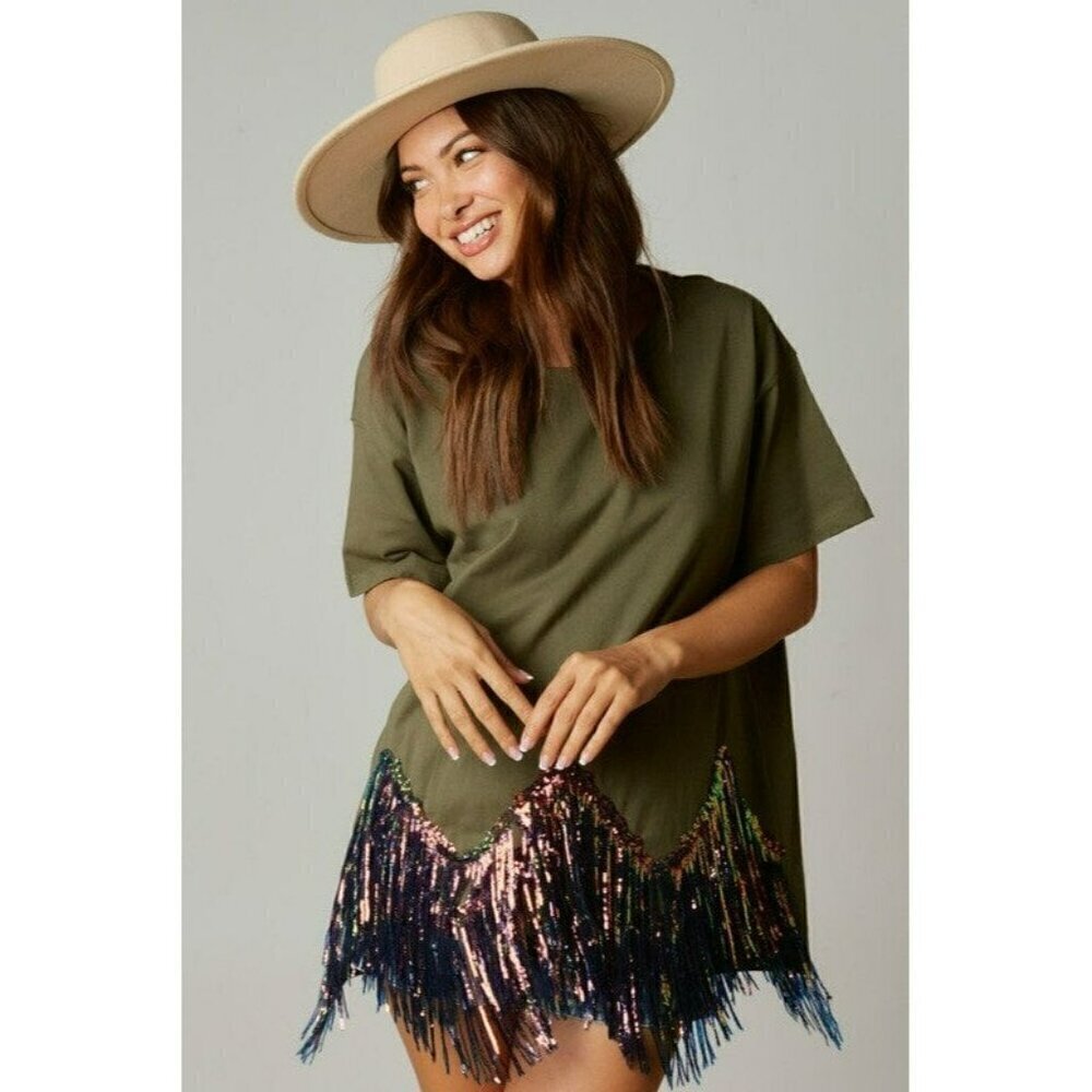 Here for the Fringe Chevron Sequin Top in Olive - Picture 1 of 8